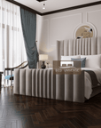 Millhouse Winged Bed Frame, Winged Bed, Stripe Bed, Plush Bed, Wingback Bed, Upholstered Bed