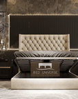 Winged Bed, Wing back bed, Cream Bed, Chesterfield Bed, Upholstered Bed, Fabric Bed, New Bed