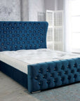 Felisa Blue Plush Fabric Wing back Bed Frame
