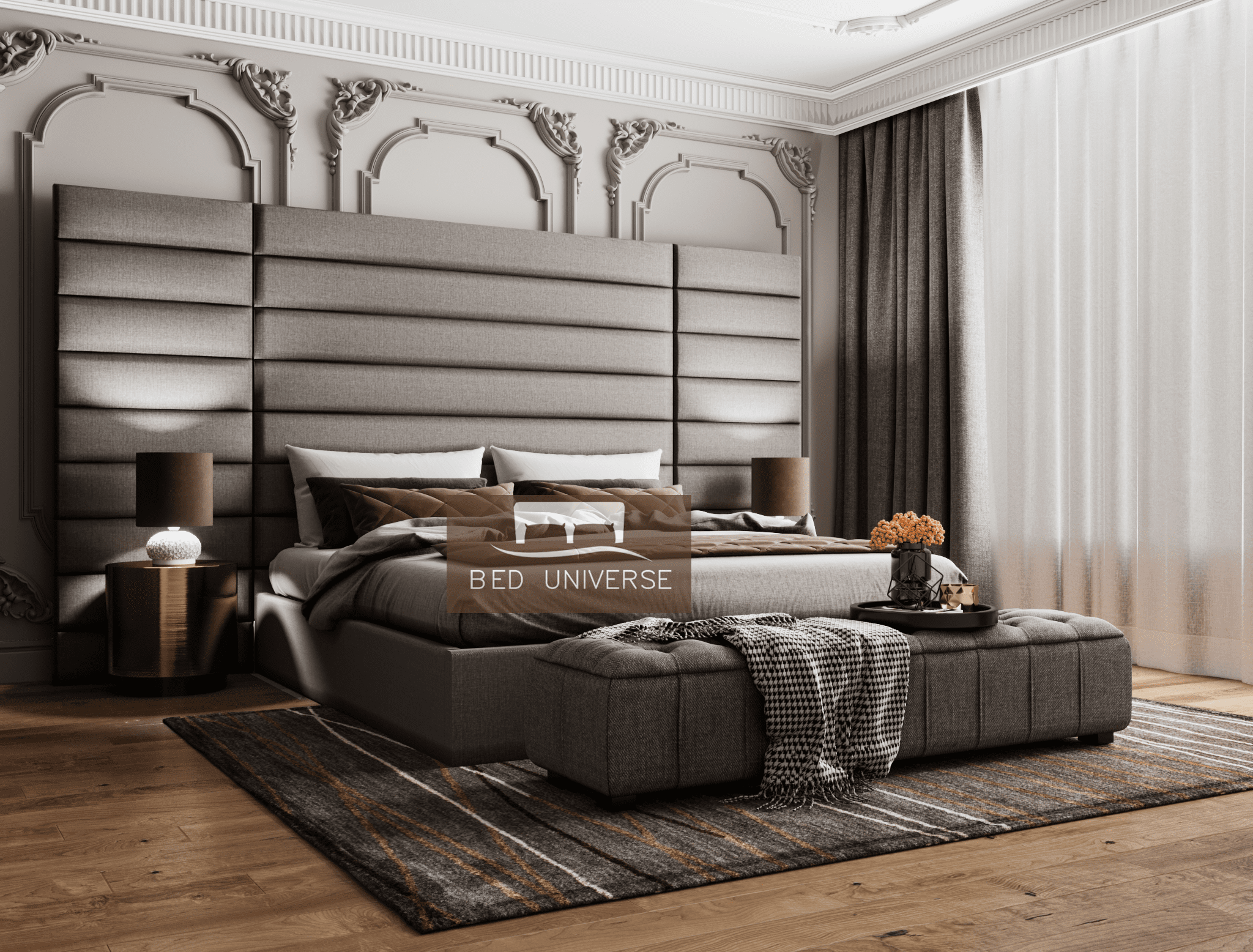 Jasmine Wide Panel Headboard Bed Frame, Upholstered Bed, Fabric Bed, Ned Bed, Chesterfield Bed, Grey Bed