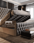 Elle Chesterfield Upholstered Winged Bed Frame, Winged Bed, Chesterfield Bed, Upholstered Bed, Fabric Bed, Grey Bed, Sotrage bed, Gas Lift Bed, Underbed storage