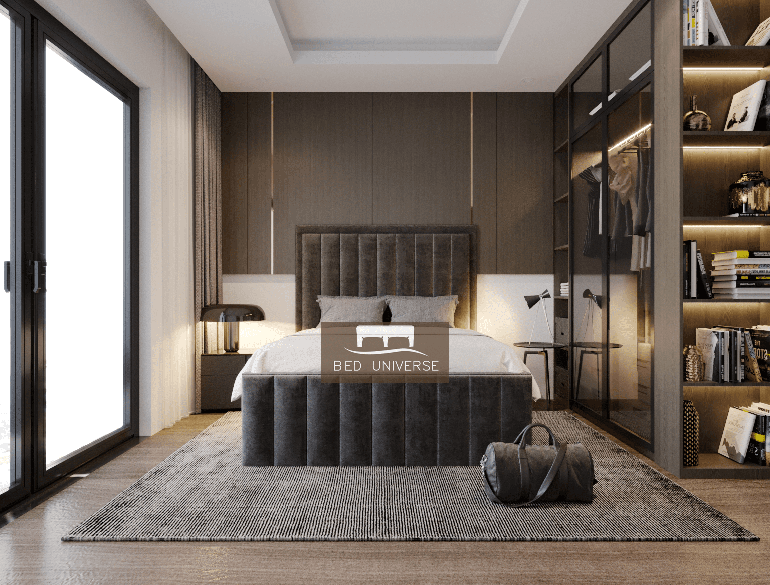 Palazzo Stripe Panel Upholstered Fabric Bed Frame, Winged Bed, Chsterfield bed, Fabric Bed, New Bed, Lines Bed, Panel Bed