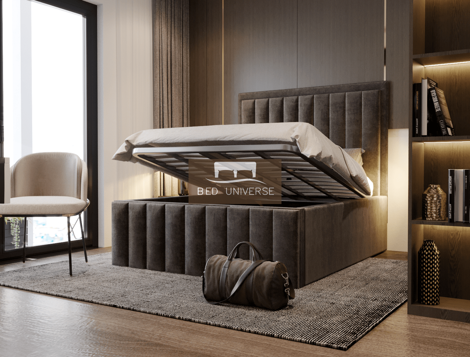 Palazzo Stripe Panel Upholstered Fabric Bed Frame, Winged Bed, Chsterfield bed, Fabric Bed, New Bed, Lines Bed, Panel Bed