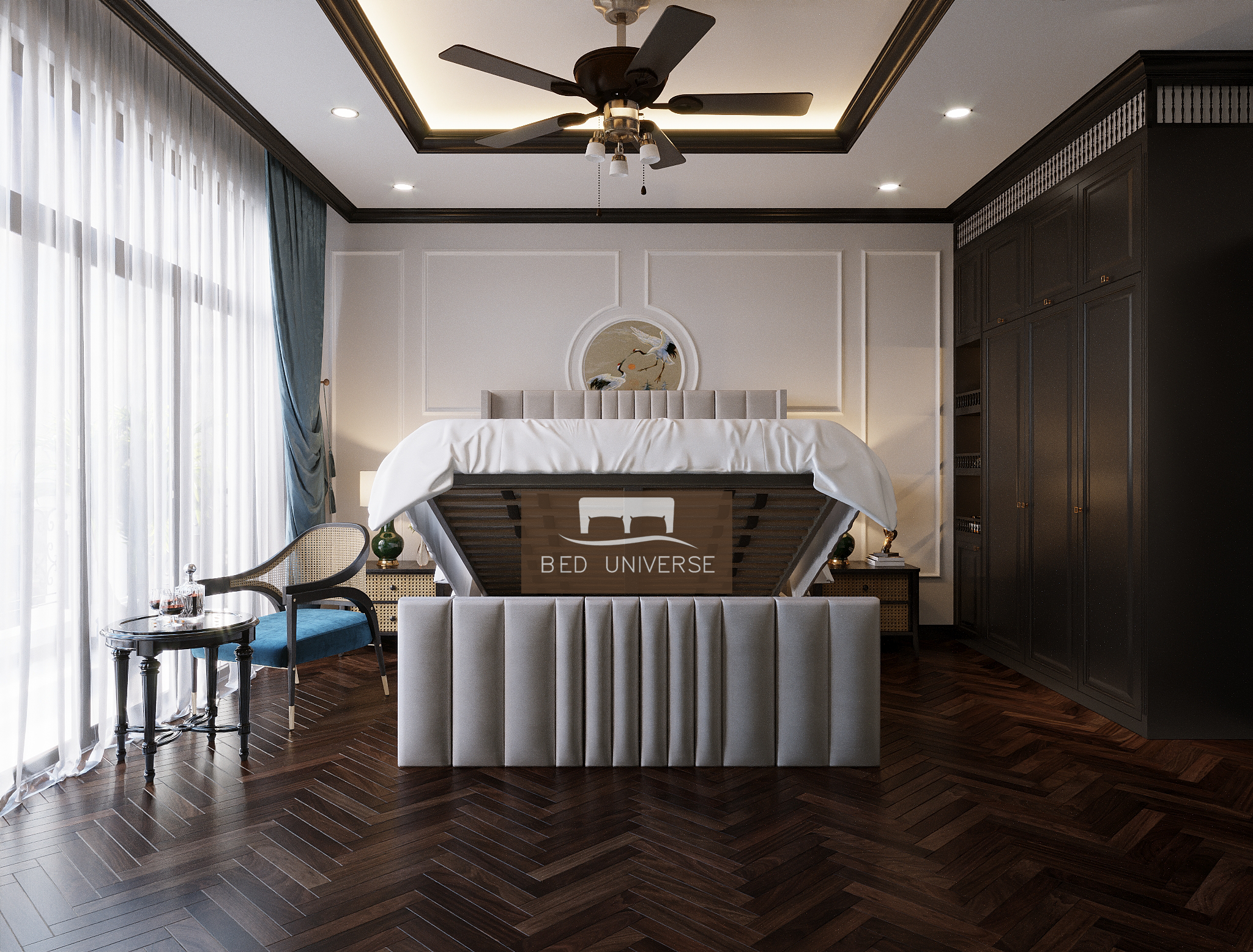 Millhouse Winged Bed Frame, Winged Bed, Stripe Bed, Plush Bed, Wingback Bed, Upholstered Bed