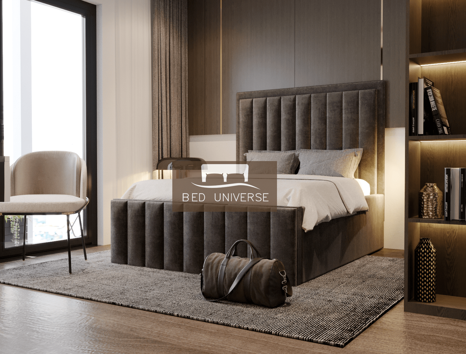 Palazzo Stripe Panel Upholstered Fabric Bed Frame, Winged Bed, Chsterfield bed, Fabric Bed, New Bed, Lines Bed, Panel Bed